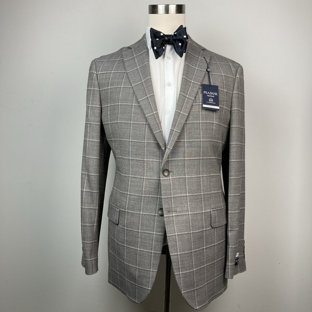 Jos A Bank Blazer Jacket Sport Coat Men's 44L Wool Plaid Modern Grey